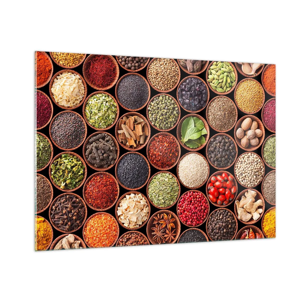 Impression sur verre - Image sur verre - Une composition de diverses épices dans des bols en bois - 100x70cm - Toutes les saveurs du monde - Décoration murale moderne pour le salon et la chambre ARTTOR
