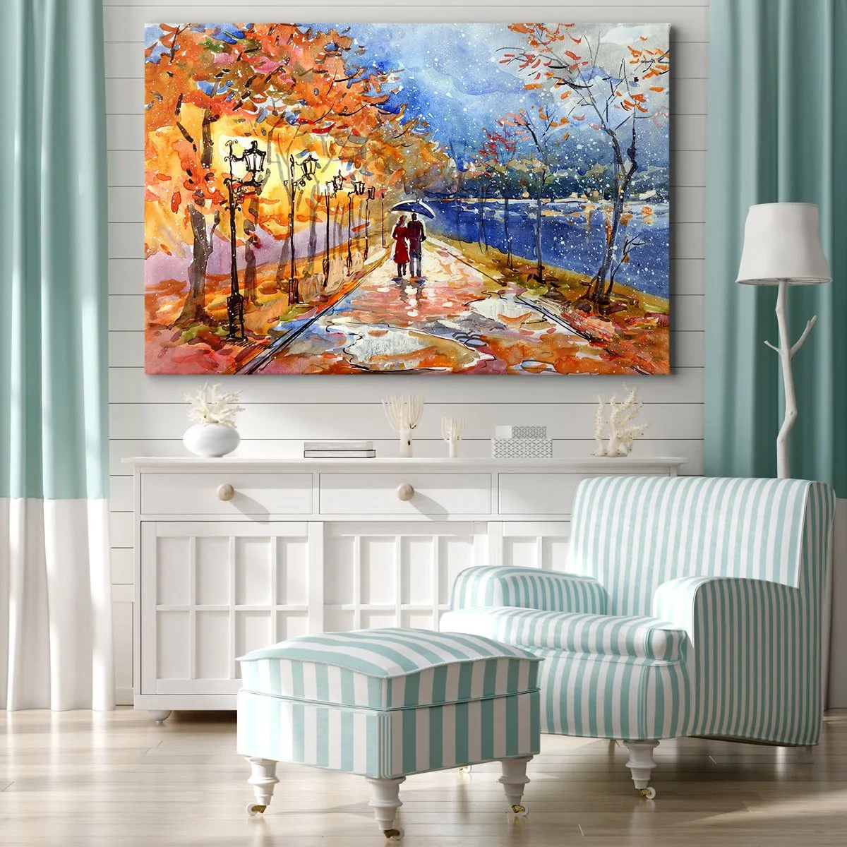 Impression sur toile - Image sur toile - Une promenade d'automne dans le parc au bord de la rivière sous un parasol - 70x50cm - Ensemble jusqu'au bout du temps - Décoration murale moderne pour le salon et la chambre ARTTOR