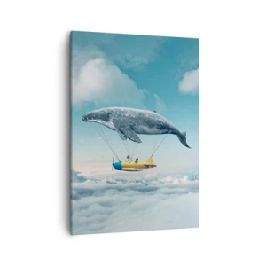 Impression sur toile - Image sur toile - Une baleine volante transporte un avion dans un décor surréaliste. - 50x70cm - Pourquoi pas? - Décoration murale moderne pour le salon et la chambre ARTTOR