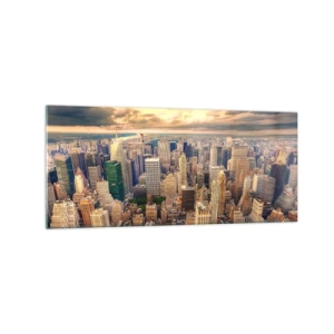 Impression sur verre - Image sur verre - Panorama de la ville avec vue sur les gratte-ciels au coucher du soleil - 120x50cm - Métropole dorée - Décoration murale moderne pour le salon et la chambre ARTTOR