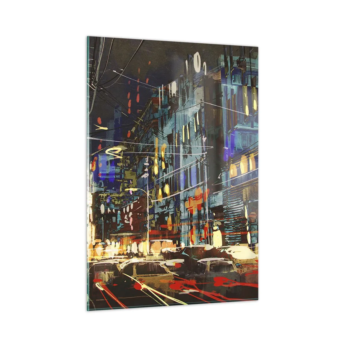 Impression sur verre - Image sur verre - Rue de la ville le soir avec des néons et de la circulation - 50x70cm - L'agitation de la rue en soirée - Décoration murale moderne pour le salon et la chambre ARTTOR
