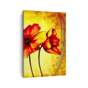 Impression sur toile - Image sur toile - Fleurs rouges et jaunes sur fond doré avec motifs décoratifs - 50x70cm - Dans la décoration Art Nouveau - Décoration murale moderne pour le salon et la chambre ARTTOR