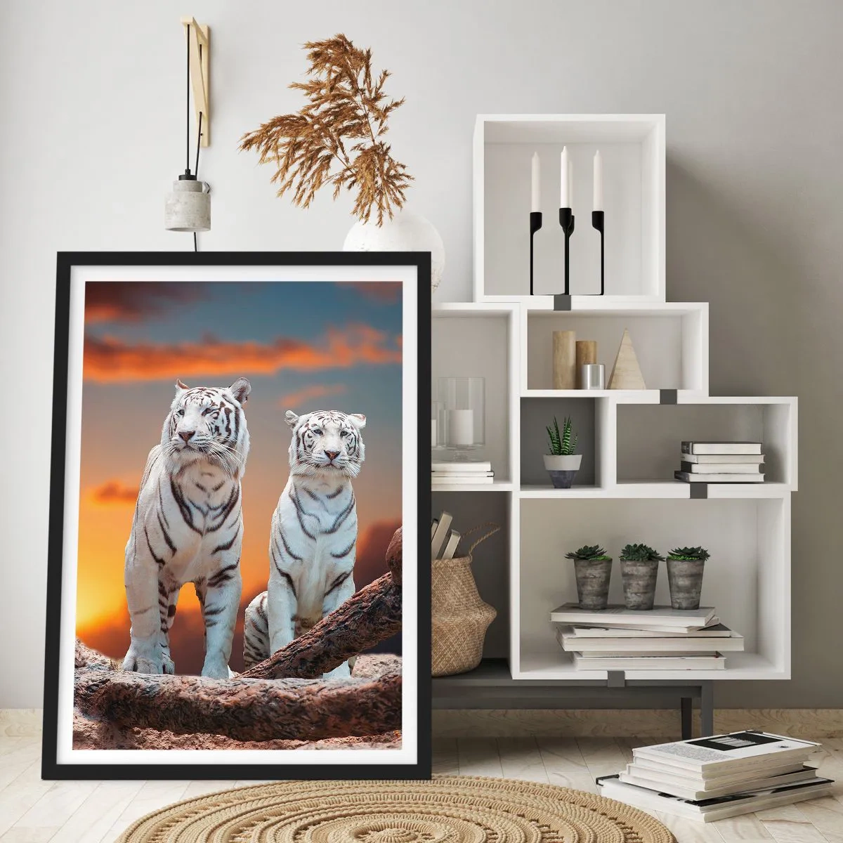 Affiche dans un cadre noir - Poster - Tigres blancs contre le soleil couchant - 50x70cm - Tout comme à Narnia - Décoration murale moderne pour le salon et la chambre ARTTOR