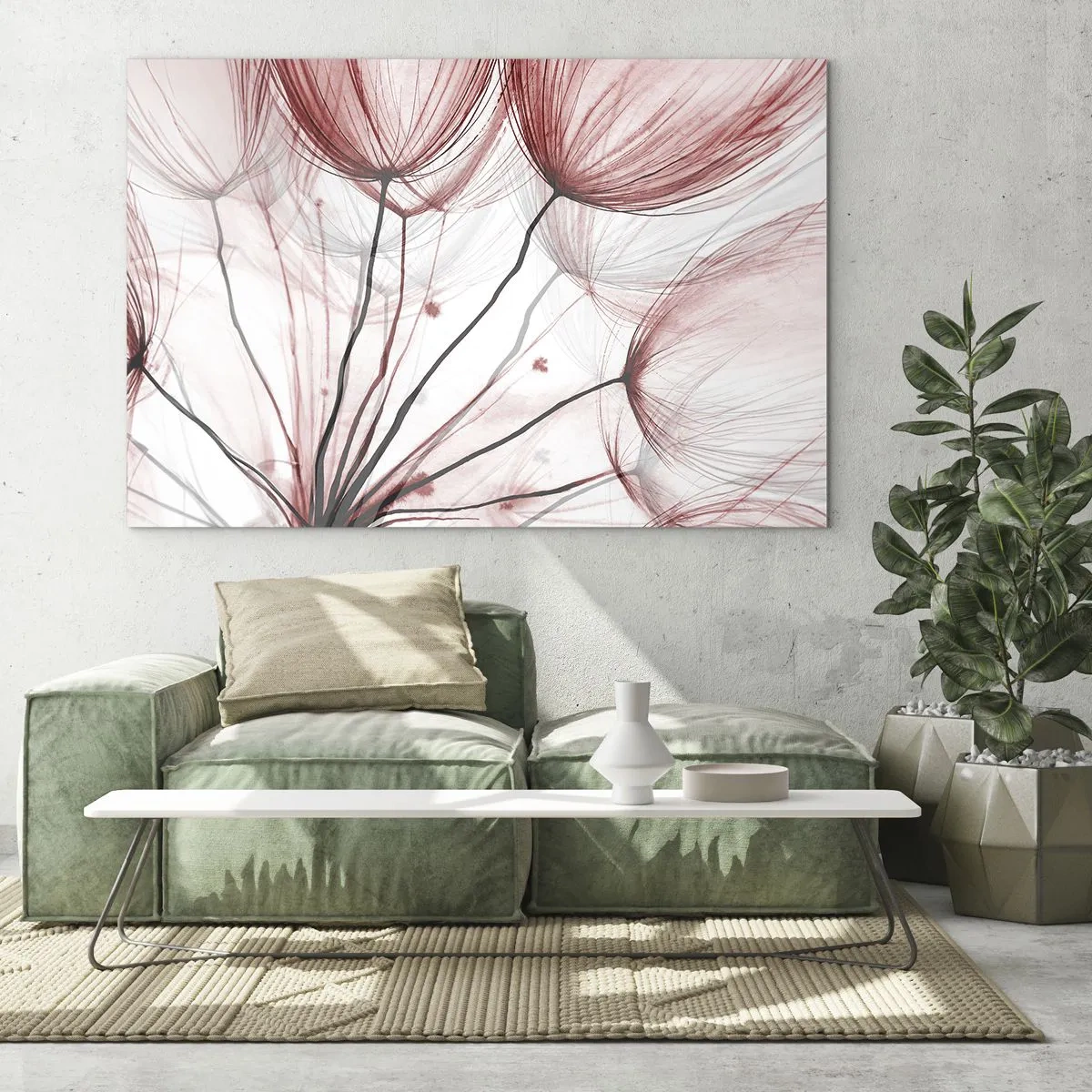 Impression sur verre - Image sur verre - Pissenlits subtils dans des tons de rose et de noir - 70x50cm - Avant le départ - Décoration murale moderne pour le salon et la chambre ARTTOR