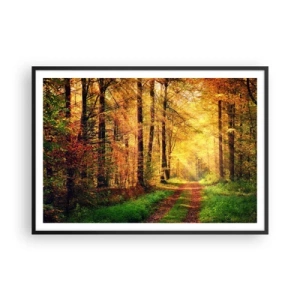 Affiche dans un cadre noir - Poster - Un chemin forestier entouré d'arbres dorés et verts - 100x70cm - Silence d'or en forêt - Décoration murale moderne pour le salon et la chambre ARTTOR