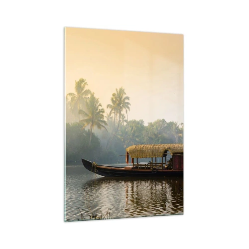 Impression sur verre - Image sur verre - Un bateau traditionnel sur une rivière calme parmi les palmiers - 70x100cm - Maison sur la rivière - Décoration murale moderne pour le salon et la chambre ARTTOR