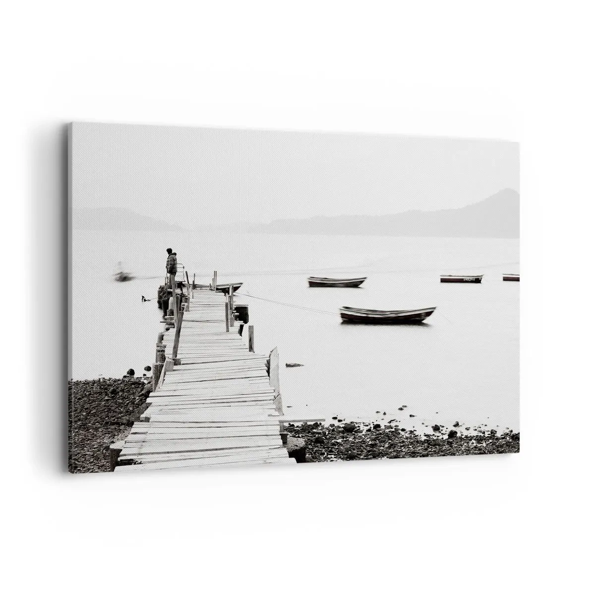 Impression sur toile - Image sur toile - Jetée en bois et bateaux sur une eau calme - 100x70cm - Calme et propre au bord de l'eau - Décoration murale moderne pour le salon et la chambre ARTTOR