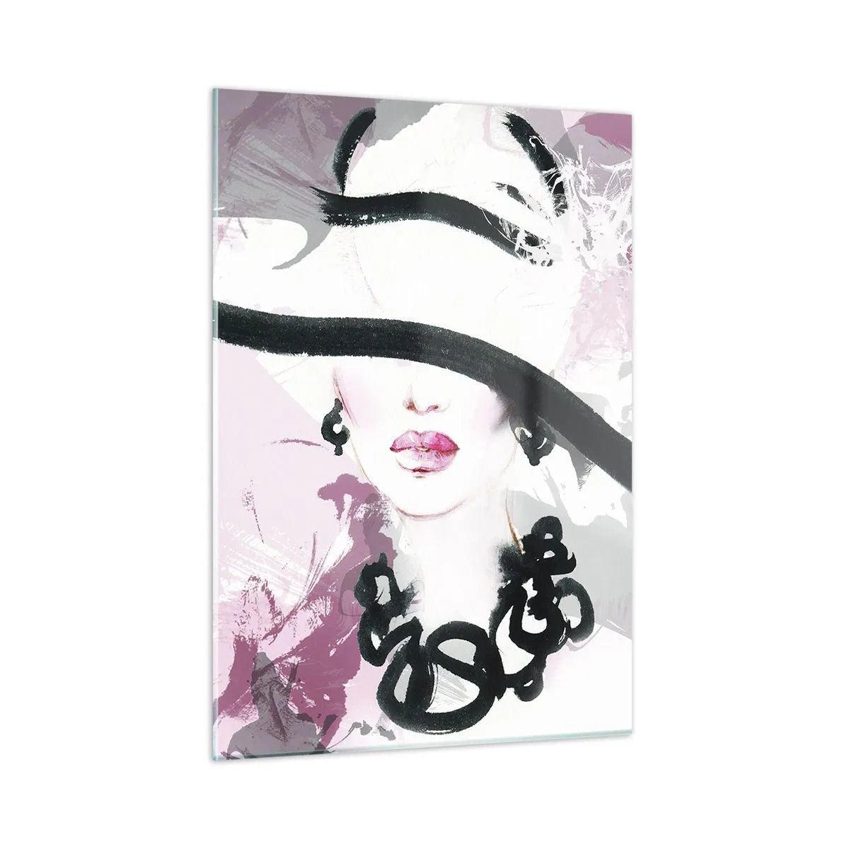 Impression sur verre - Image sur verre - Portrait d'une femme au chapeau noir sur fond rose - 50x70cm - Portrait d'une dame en noir et rose - Décoration murale moderne pour le salon et la chambre ARTTOR
