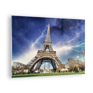 Impression sur verre - Image sur verre - La Tour Eiffel entourée d'éclairs par temps nuageux - 70x50cm - Maître des tempêtes - Décoration murale moderne pour le salon et la chambre ARTTOR