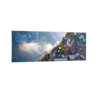 Impression sur verre - Image sur verre - Un village de montagne au bord d'un lac dans un paysage d'automne - 140x50cm - Ambiance alpine - Décoration murale moderne pour le salon et la chambre ARTTOR