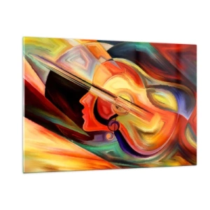 Impression sur verre - Image sur verre - Portrait abstrait avec une guitare et des notes de musique en arrière-plan - 120x80cm - Tout va bien - Décoration murale moderne pour le salon et la chambre ARTTOR