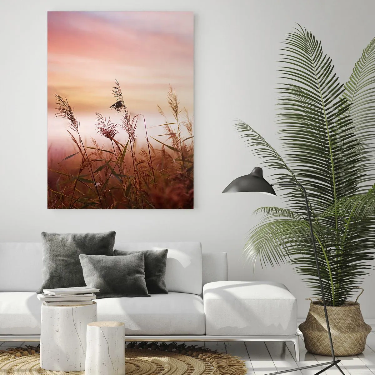 Impression sur verre - Image sur verre - Un champ d'herbe sur fond de coucher de soleil pittoresque - 80x120cm - Cerfs-volants, pissenlits, vent - Décoration murale moderne pour le salon et la chambre ARTTOR