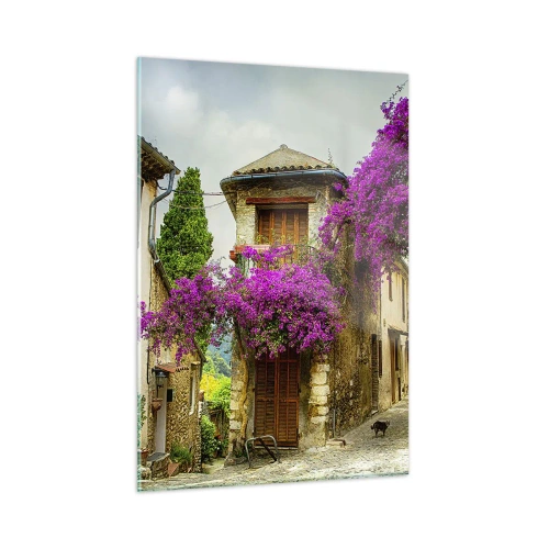 Impression sur verre - Image sur verre - Une rue charmante avec des vignes roses en fleurs et des maisons de rapport - 50x70cm - Sous un dais fleuri - Décoration murale moderne pour le salon et la chambre ARTTOR