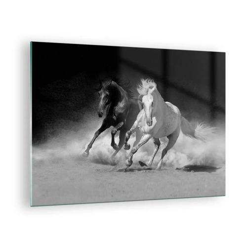 Impression sur verre - Image sur verre - Chevaux au galop en noir et blanc - 70x50cm - Galop de la liberté - Décoration murale moderne pour le salon et la chambre ARTTOR