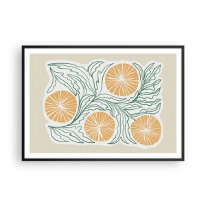 Affiche dans un cadre noir - Poster - Un motif orange minimaliste avec des feuilles vertes - 100x70cm - Ethnique avec une pointe d'abstraction - Décoration murale moderne pour le salon et la chambre ARTTOR