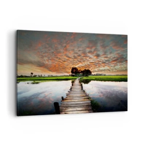 Impression sur toile - Image sur toile - Pont en bois sur l'eau au coucher du soleil - 120x80cm - Étendez vos bras - respirez - Décoration murale moderne pour le salon et la chambre ARTTOR