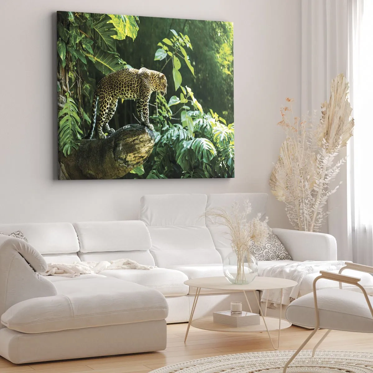 Impression sur toile - Image sur toile - Un léopard debout sur un rocher entouré de végétation tropicale - 120x80cm - À la chasse? - Décoration murale moderne pour le salon et la chambre ARTTOR