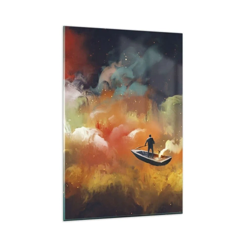 Impression sur verre - Image sur verre - Une silhouette dans un bateau sur un fond de nuages colorés - 80x120cm - En bateau à travers la galaxie - Décoration murale moderne pour le salon et la chambre ARTTOR