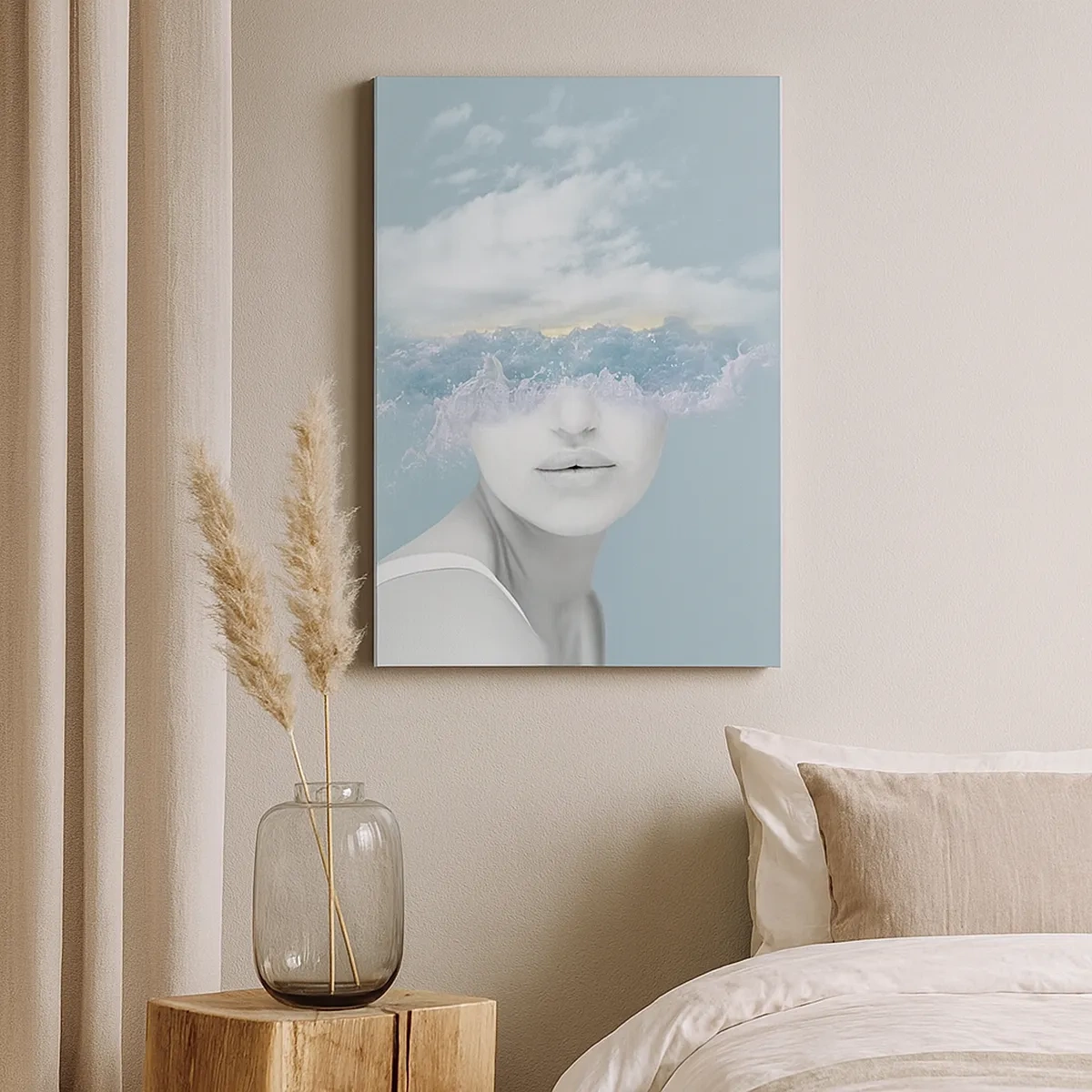 Impression sur toile - Image sur toile - Portrait d'une femme avec son visage caché derrière les nuages et les vagues - 50x70cm - La tête dans les nuages - Décoration murale moderne pour le salon et la chambre ARTTOR