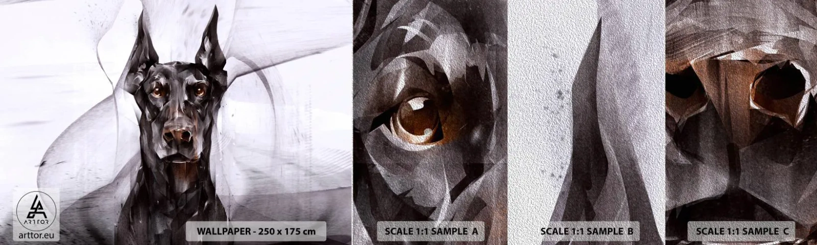 Échantillon de Papier Peint Premium Sand - Né noble - Abstraction, Doberman, Chien - 100x30 cm