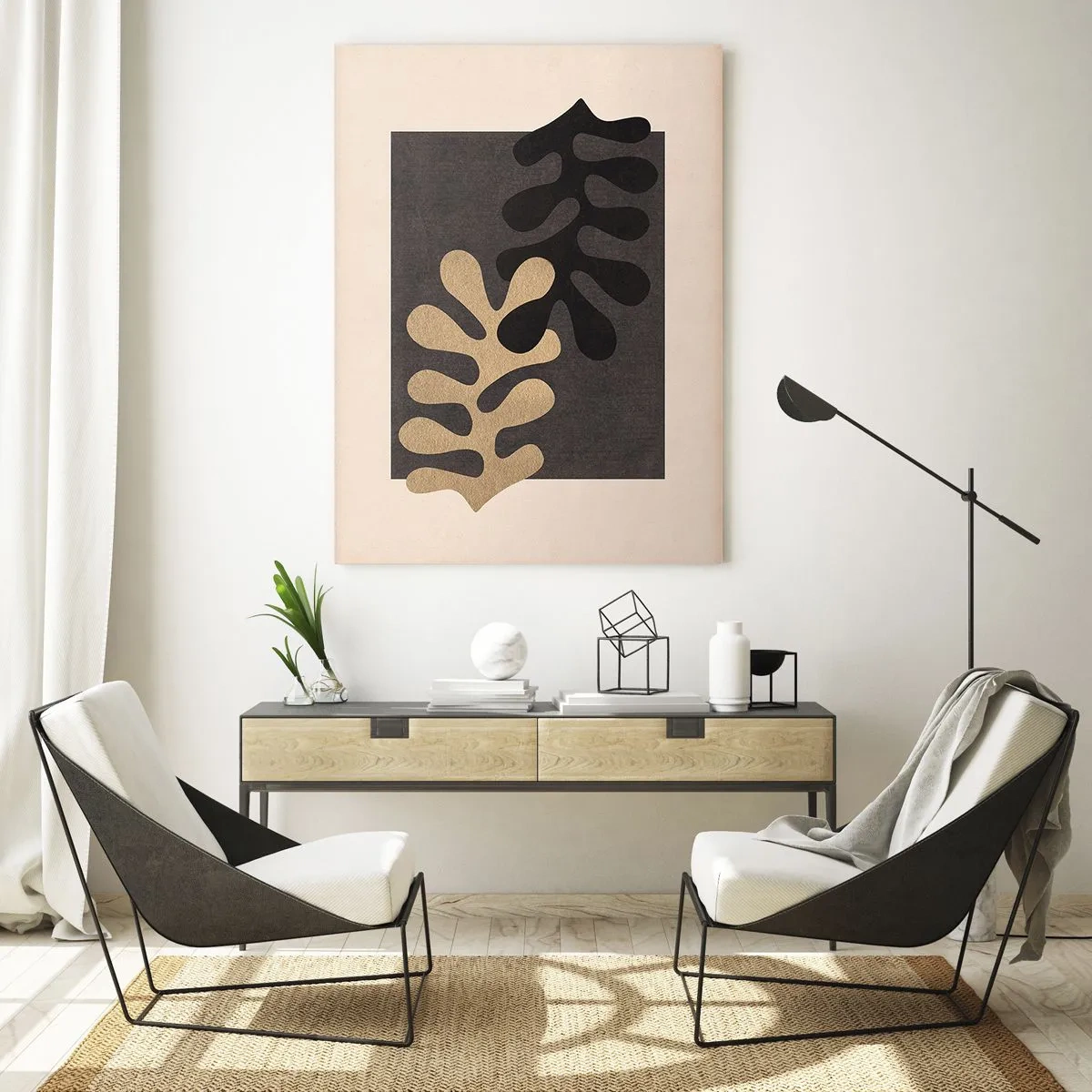 Impression sur verre - Image sur verre - Formes abstraites en noir et beige sur un fond géométrique - 50x70cm - Absence et complément - Décoration murale moderne pour le salon et la chambre ARTTOR