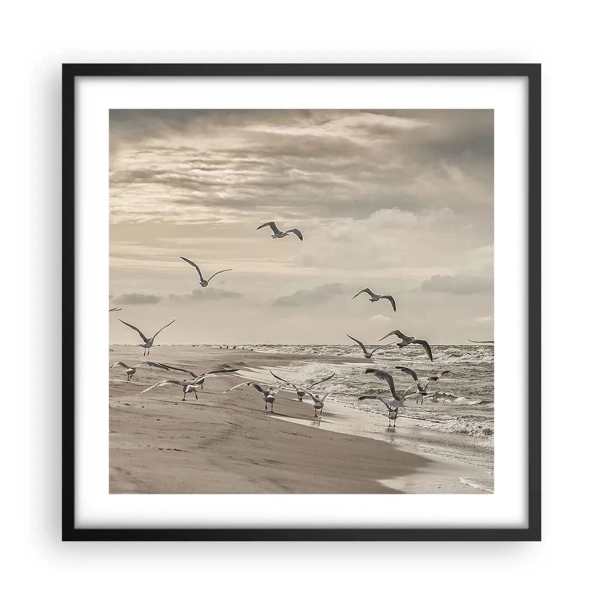 Affiche dans un cadre noir - Poster - Le bruit de la mer, le chant des oiseaux - 50x50 cm