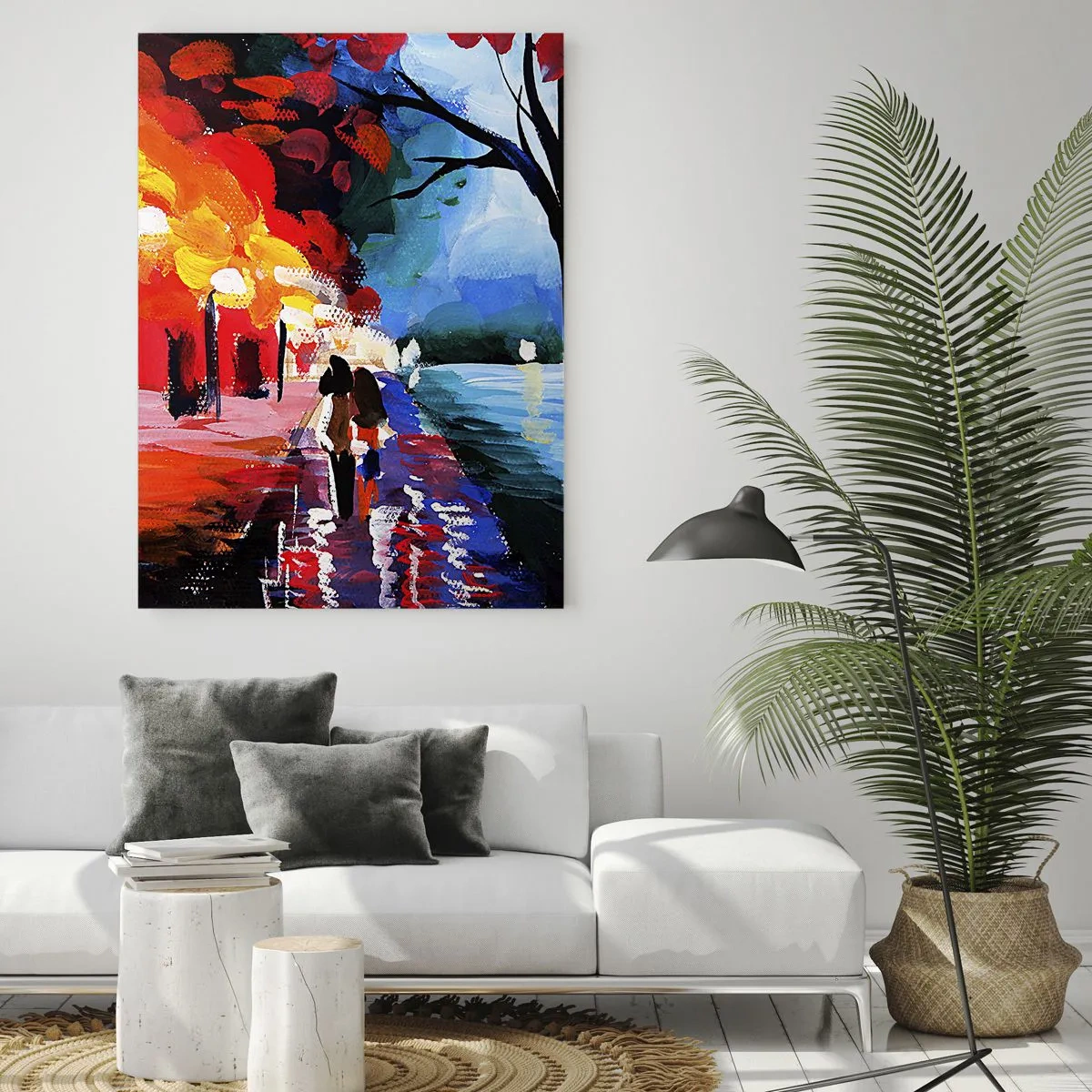 Impression sur verre - Image sur verre - Un couple se promenant dans un parc coloré le soir - 50x70cm - Automne flamboyant dans le parc - Décoration murale moderne pour le salon et la chambre ARTTOR