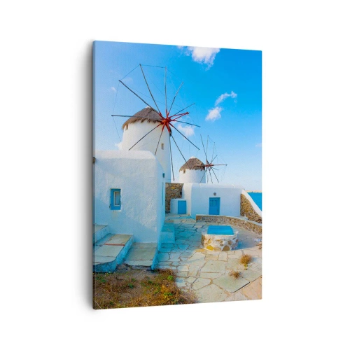 Impression sur toile - Image sur toile - Des moulins à vent blancs sur les rives de la mer bleue - 50x70cm - Le vent bleu de la mer - Décoration murale moderne pour le salon et la chambre ARTTOR