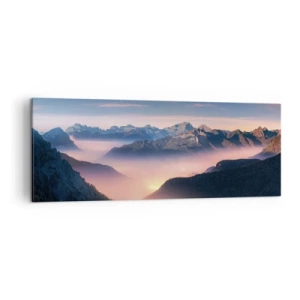 Impression sur toile - Image sur toile - Un paysage de montagne avec une vallée remplie de brouillard - 140x50cm - Lumière dans les vallées - Décoration murale moderne pour le salon et la chambre ARTTOR