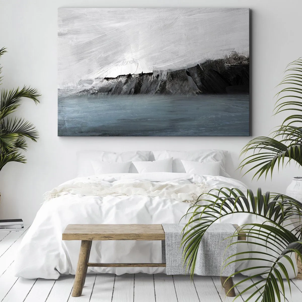 Impression sur toile - Image sur toile - Paysage abstrait avec de l'eau et un rivage rocheux - 70x50cm - Eau – terre : choc des éléments - Décoration murale moderne pour le salon et la chambre ARTTOR