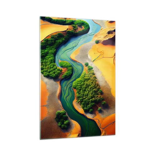 Impression sur verre - Image sur verre - Une rivière verte entourée de sable doré et de végétation - 70x100cm - Rivière vivifiante - Décoration murale moderne pour le salon et la chambre ARTTOR