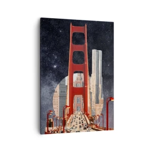 Impression sur toile - Image sur toile - Le Golden Gate Bridge avec la ville en arrière-plan contre un ciel étoilé - 50x70cm - Toujours au centre - Décoration murale moderne pour le salon et la chambre ARTTOR