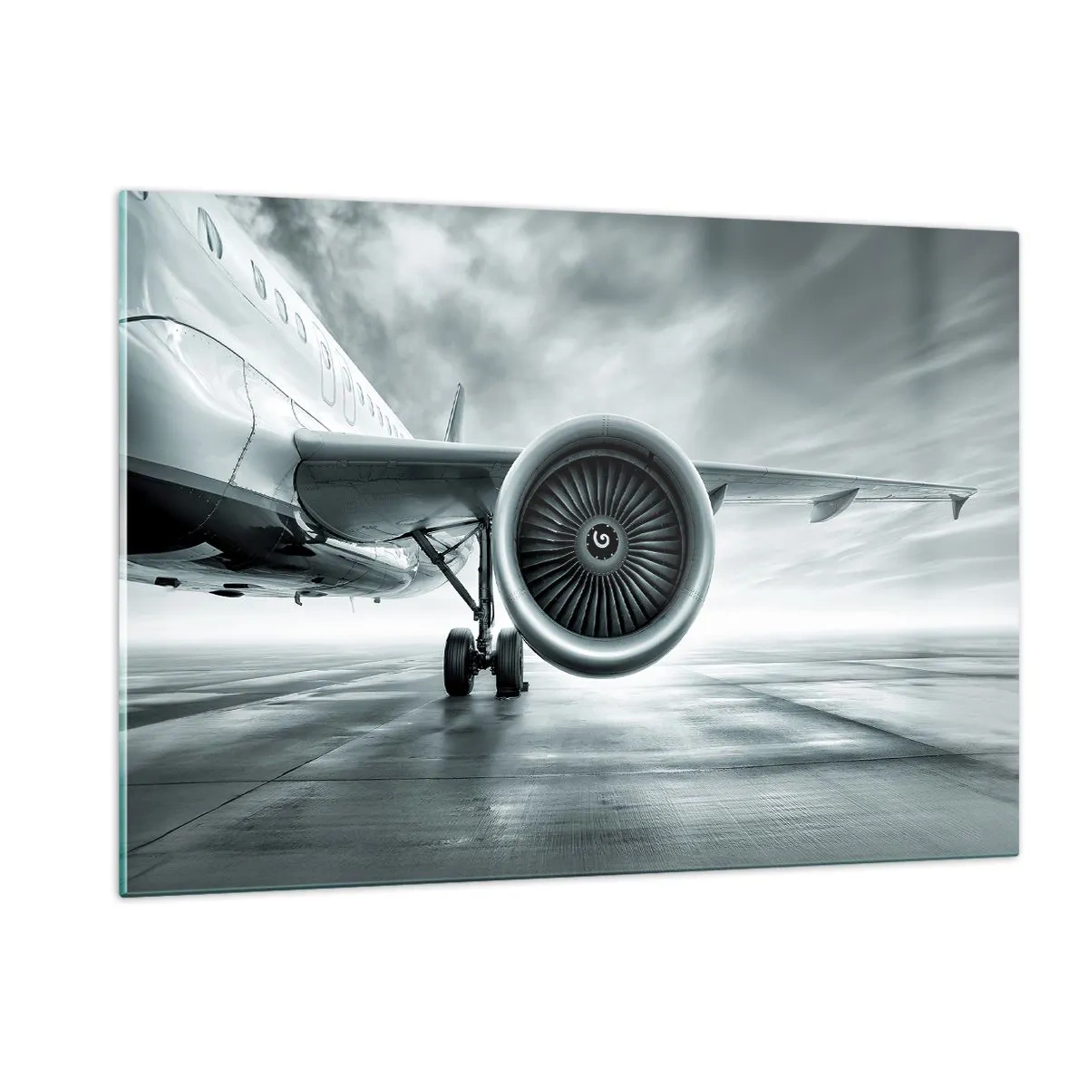 Impression sur verre - Image sur verre - La turbine d'un avion de ligne sur la piste à l'aube - 120x80cm - Sent la force! - Décoration murale moderne pour le salon et la chambre ARTTOR