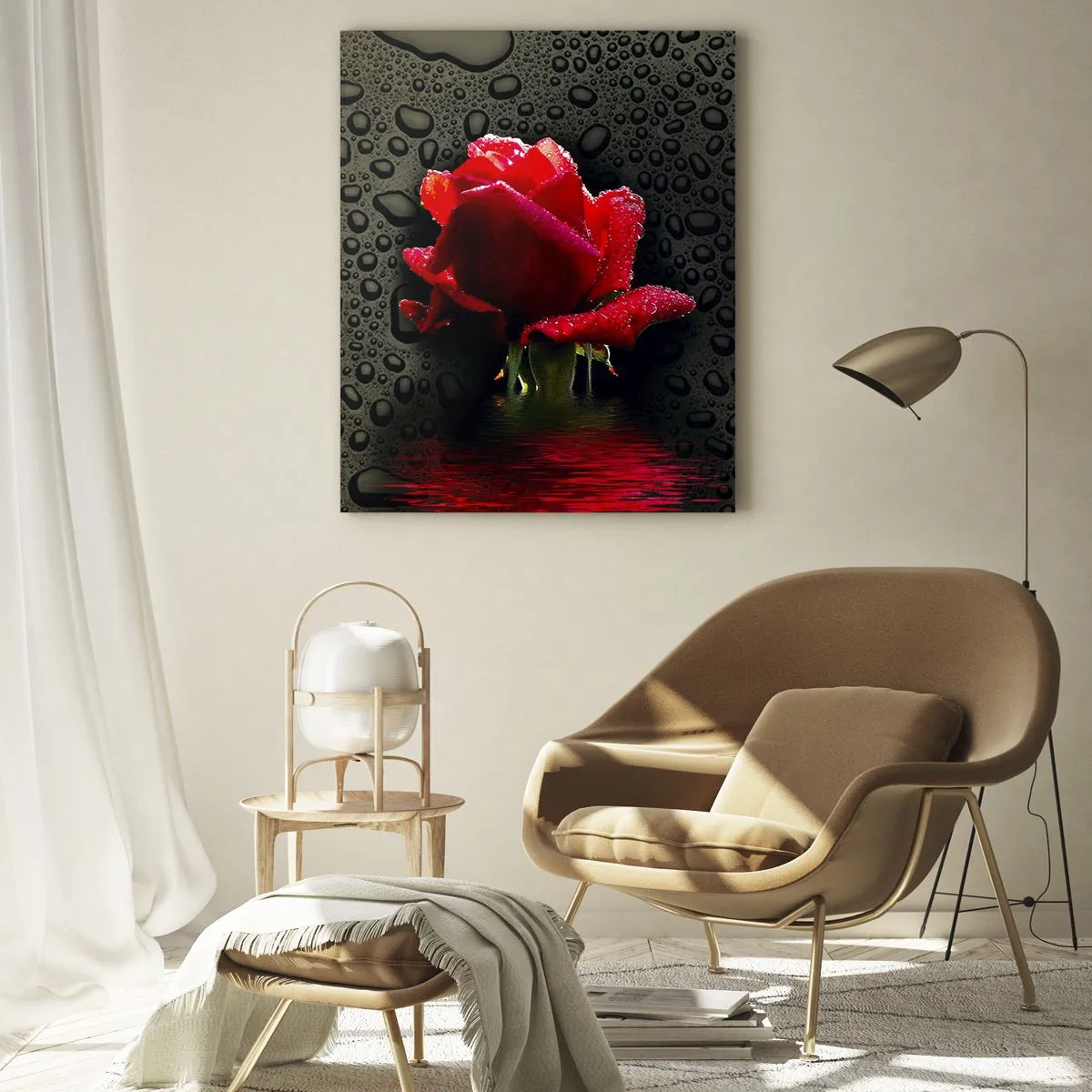 Impression sur verre - Image sur verre - Rose rouge avec des gouttes d'eau sur un fond sombre - 80x120cm - Rouge et noir - Décoration murale moderne pour le salon et la chambre ARTTOR