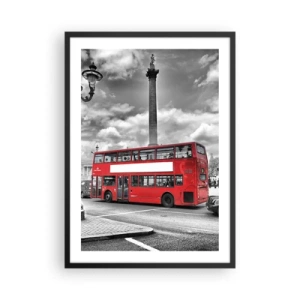 Affiche dans un cadre noir - Poster - Un bus rouge sur fond de ville en noir et blanc - 50x70cm - La vraie circulation sanguine de la ville - Décoration murale moderne pour le salon et la chambre ARTTOR