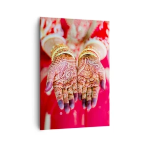 Impression sur toile - Image sur toile - Mains décorées au henné sur fond de robe rouge - 70x100cm - Prêt à saisir votre chance - Décoration murale moderne pour le salon et la chambre ARTTOR