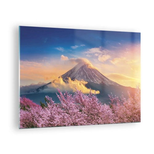 Impression sur verre - Image sur verre - Le mont Fuji en arrière-plan avec des sakura en fleurs au premier plan - 70x50cm - Sainteté japonaise - Décoration murale moderne pour le salon et la chambre ARTTOR