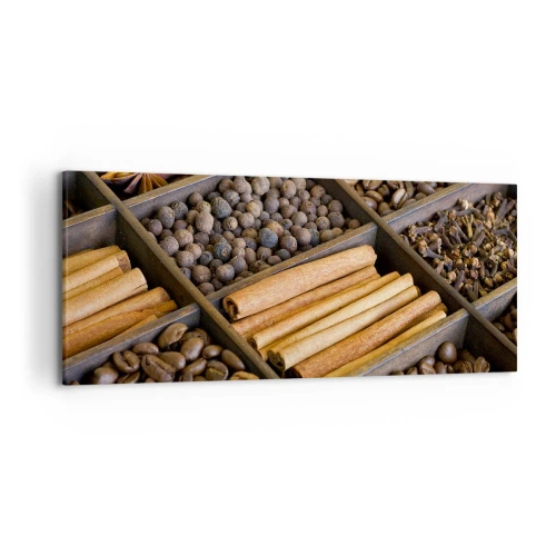 Impression sur toile - Image sur toile - Épices et café dans des compartiments en bois - 120x50cm - Trésor d'arômes - Décoration murale moderne pour le salon et la chambre ARTTOR