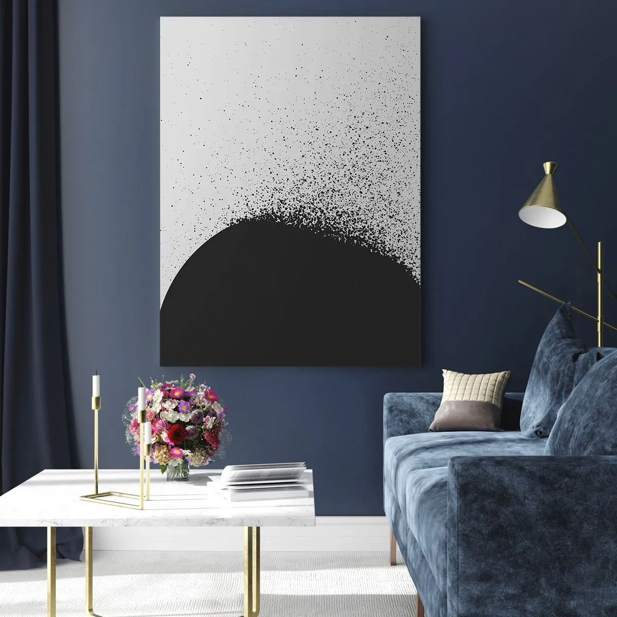 Impression sur verre - Image sur verre - Abstraction d'une masse noire en train de s'effondrer sur un fond blanc - 50x70cm - Mouvement des molécules - Décoration murale moderne pour le salon et la chambre ARTTOR