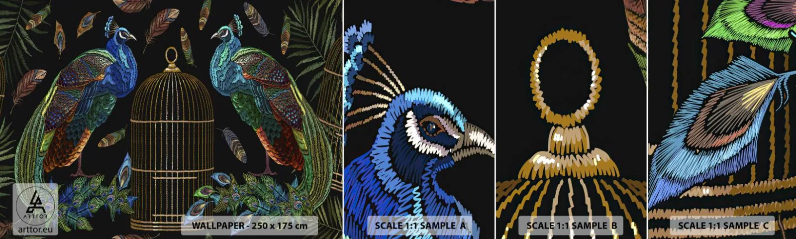 Échantillon de Papier Peint Autocollant Deluxe Sticker - En robes royales - Abstraction, Paon, Plume de paon - 100x30 cm