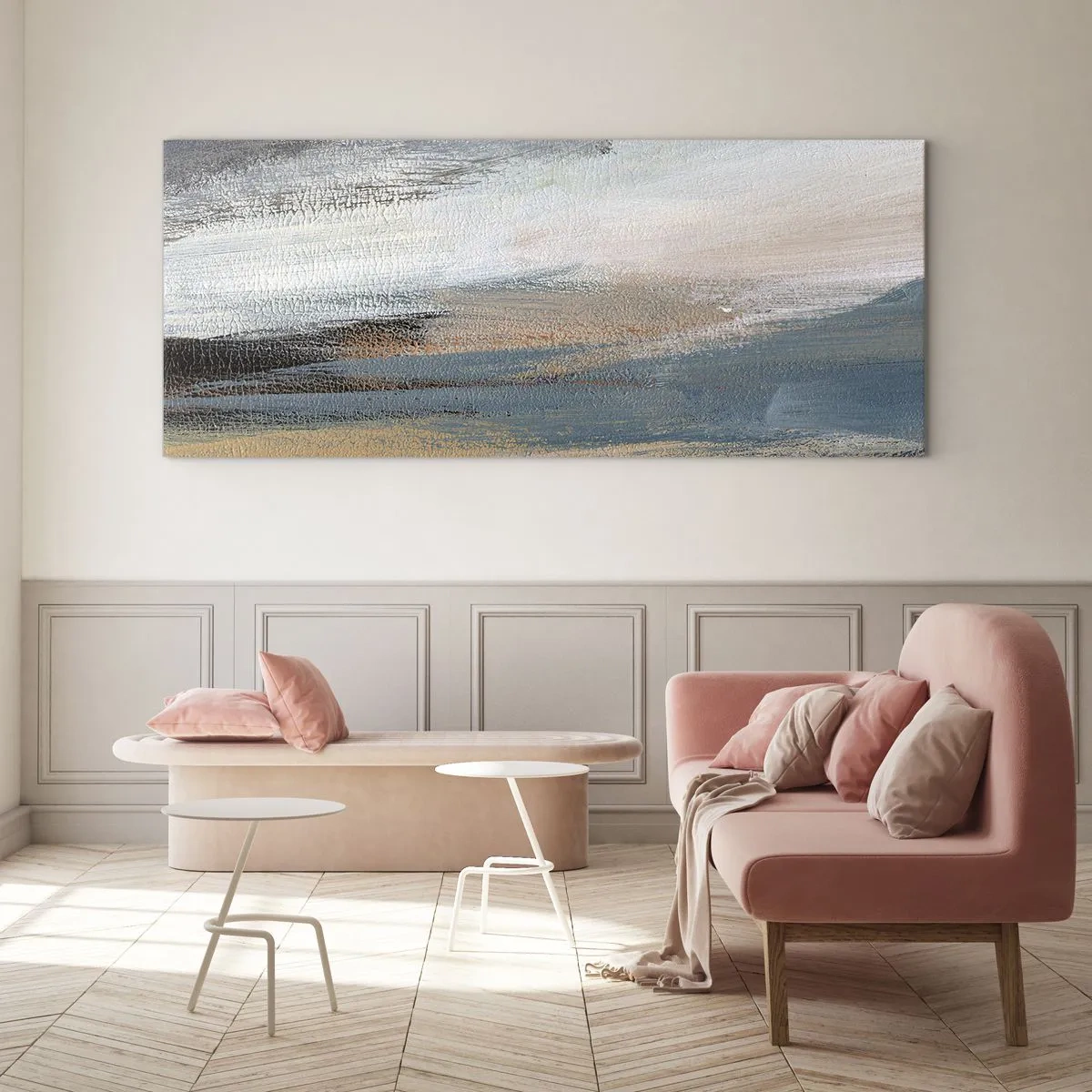 Impression sur verre - Image sur verre - Paysage abstrait dans des tons sobres de bleu et de beige - 120x50cm - Abstraction : paysage nordique - Décoration murale moderne pour le salon et la chambre ARTTOR