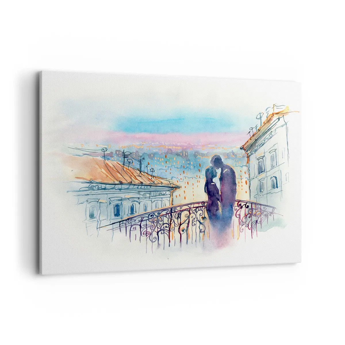 Impression sur toile - Image sur toile - Couple romantique sur un balcon avec vue sur la ville - 100x70cm - Amoureux de Paris - Décoration murale moderne pour le salon et la chambre ARTTOR