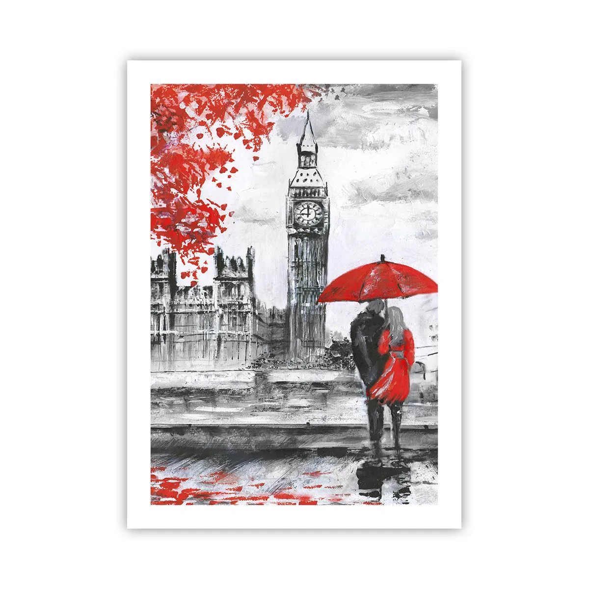 Affiche - Poster - Une silhouette avec un parapluie rouge devant Big Ben à Londres - 50x70cm - Amoureux de Londres - Décoration murale moderne pour le salon et la chambre ARTTOR