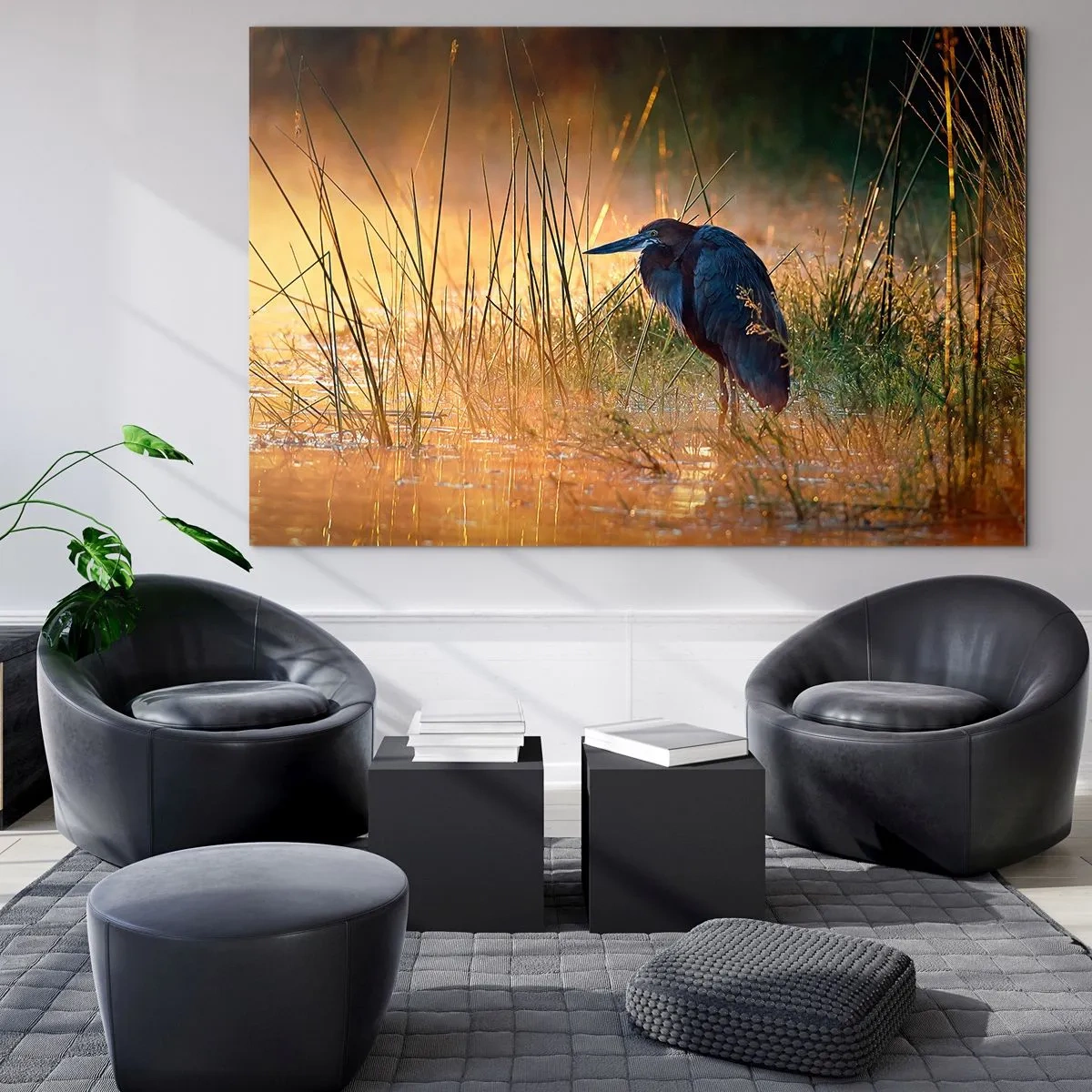 Impression sur verre - Image sur verre - Coucher de soleil sur un lac avec un héron - 100x70cm - Allez, laissez-moi en paix avec ces photos - Décoration murale moderne pour le salon et la chambre ARTTOR