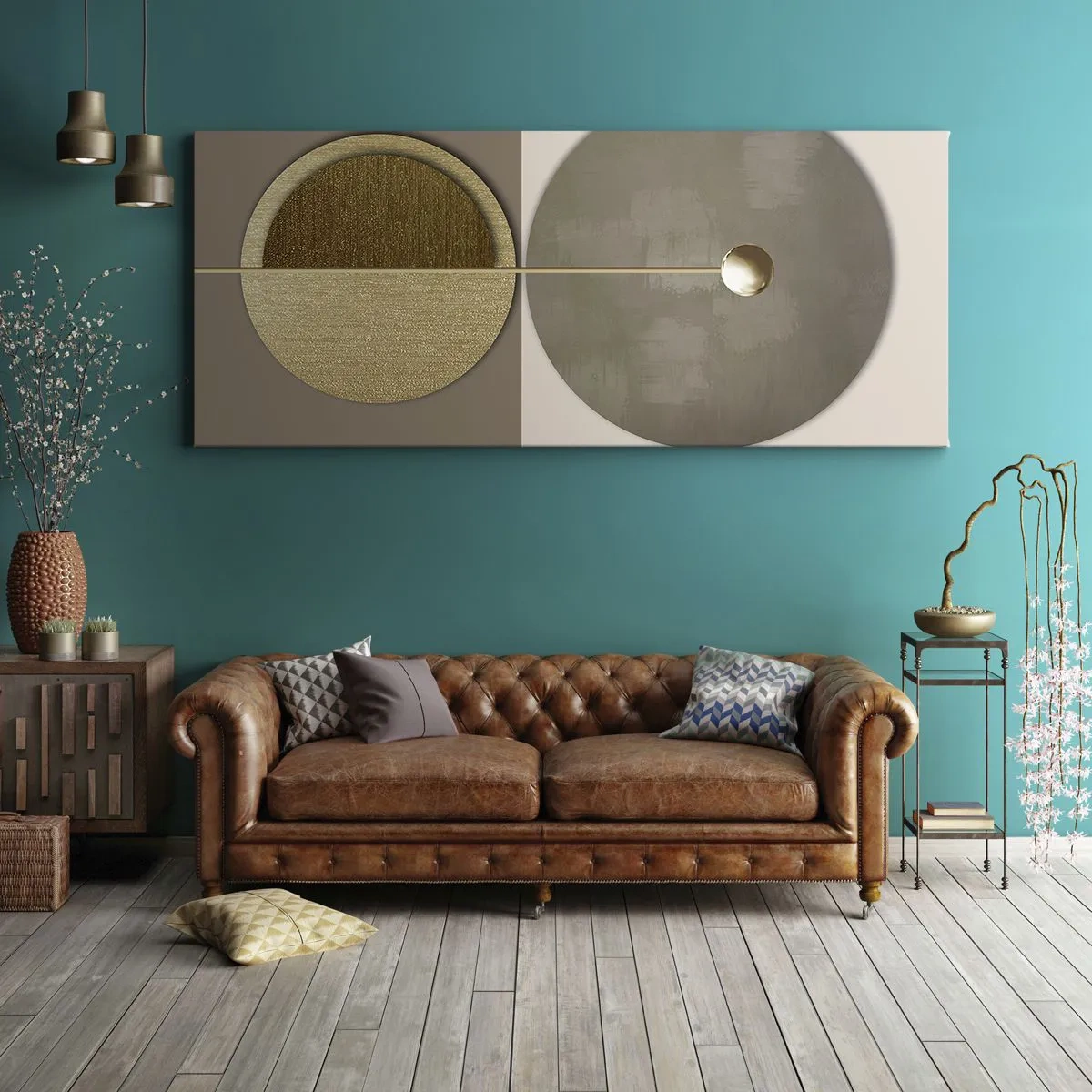 Impression sur toile - Image sur toile - Cercles abstraits dans les tons or et beige - 160x50cm - Équilibre parfait - Décoration murale moderne pour le salon et la chambre ARTTOR