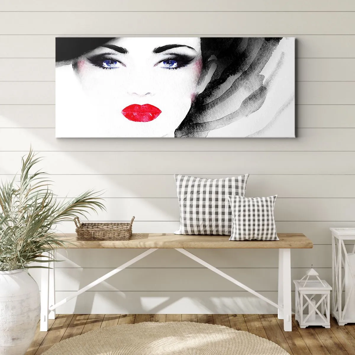 Impression sur toile - Image sur toile - Portrait d'une femme aux lèvres rouges et aux yeux bleus intenses - 120x50cm - Elle repousse et attire - Décoration murale moderne pour le salon et la chambre ARTTOR