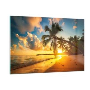 Impression sur verre - Image sur verre - Plage tropicale avec palmiers au coucher du soleil - 120x80cm - Rêve caribéen - Décoration murale moderne pour le salon et la chambre ARTTOR