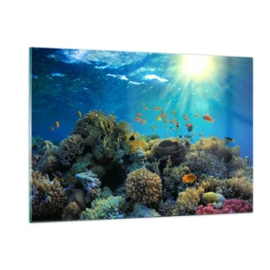 Impression sur verre - Image sur verre - Un récif corallien coloré illuminé par les rayons du soleil - 120x80cm - Trésor sous-marin - Décoration murale moderne pour le salon et la chambre ARTTOR