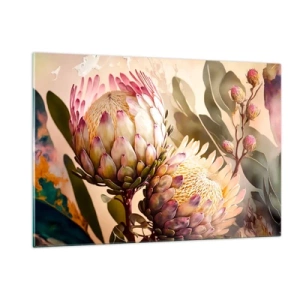 Impression sur verre - Image sur verre - Fleurs de Protea aux tons chauds et à la lumière douce - 120x80cm - Tendrement embrassé - Décoration murale moderne pour le salon et la chambre ARTTOR