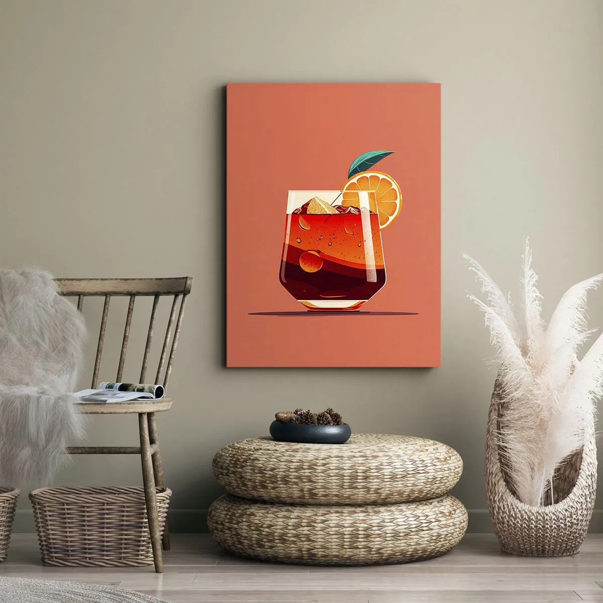 Impression sur toile - Image sur toile - Un verre de boisson et une tranche d'orange sur un fond orange - 80x120cm - Rafraîchissement d'été - Décoration murale moderne pour le salon et la chambre ARTTOR